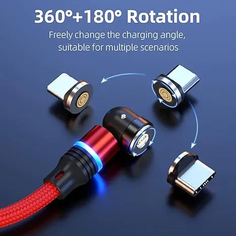 540° ROTATABLE HIGH QUALITY 3 IN 1 FAST MAGNETIC CHARGING CABLE WITH 3 PINS