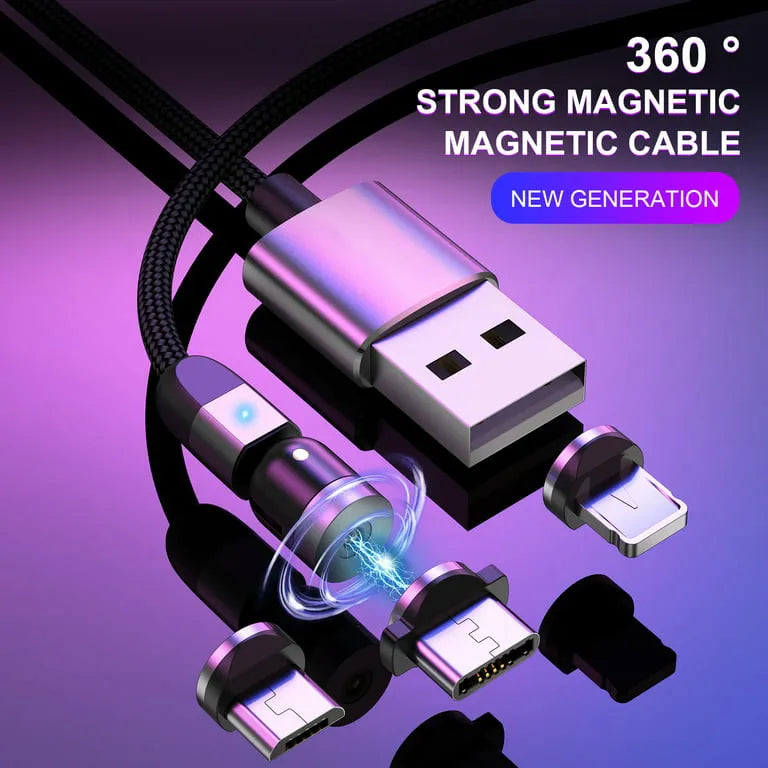 540° ROTATABLE HIGH QUALITY 3 IN 1 FAST MAGNETIC CHARGING CABLE WITH 3 PINS